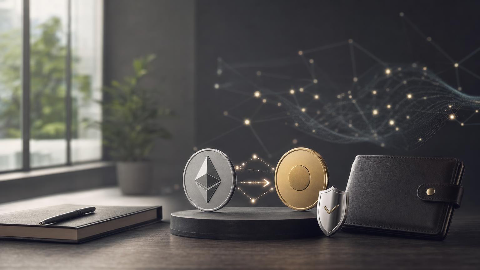 A crypto holder checks the receiving address, blockchain network, exchange details, and transaction status before approving a coin swap.